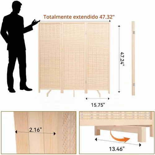 Vista 2 de Panel divisor de habitación de bambú con patas giratorias de 360°, 3 paneles de 47 pulgadas de alto, pantalla de privacidad plegable corta