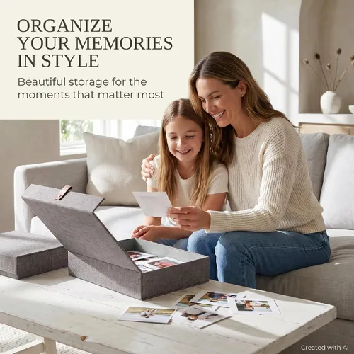 Vista 3 de Cajas Decorativas de Almacenamiento de Fotos con Tapas - Juego de 2 Hermosos Organizadores de Lino Son Perfectos para Almacenar de Forma Segura Tus