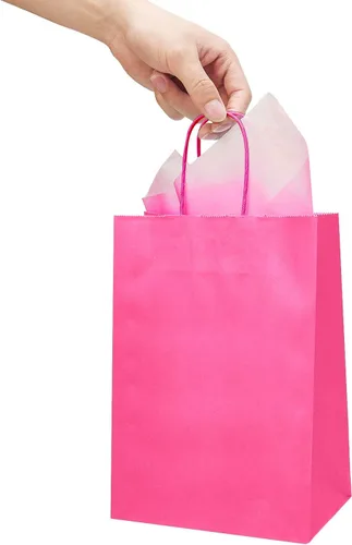 Vista 8 de DjinnGlory Paquete de 24 bolsas de regalo de papel rosa intenso de tamaño mediano con asas de 10 x 8 x 4 pulgadas y 24 papel de seda rosa para Rosa