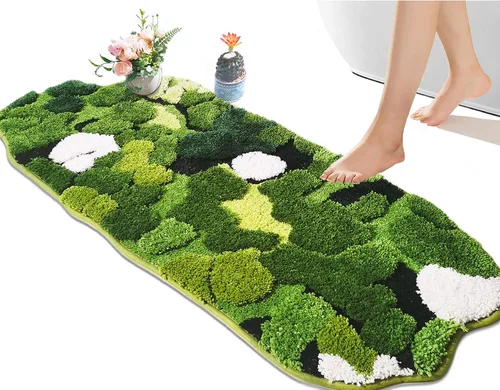 Vista 7 de Hifuwan Lindas Alfombras de Baño de Musgo Verde Shag, Tapetes de Baño de Hojas para Decoración de Baño Estética, Hojas Suaves Antideslizantes