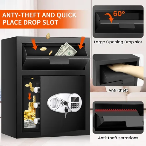 Vista 4 de Caja de seguridad depositaria de 2.6 pies cúbicos para negocios con ranura de colocación rápida, cajas de seguridad para efectivo con pantalla LCD
