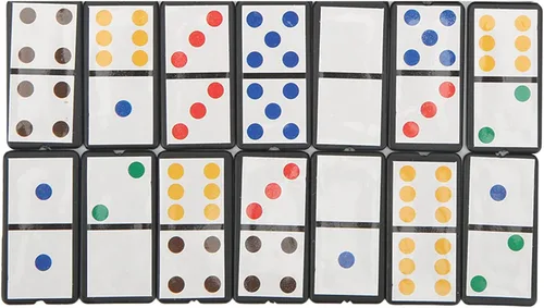 Vista 9 de Juego de dominó, juego de 28 piezas de dominó doble de seis juegos de dominó de plástico portátil, juego interactivo con puntos coloridos para niños