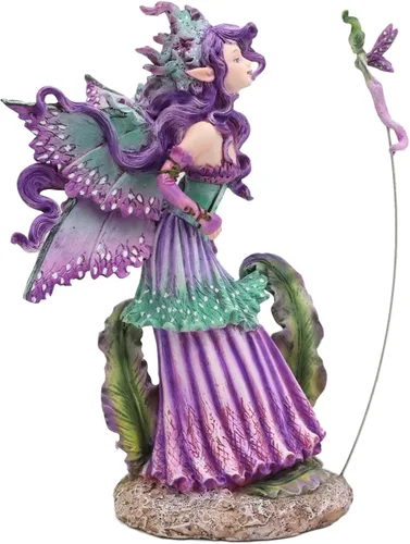 Vista 2 de Ebros Amy Brown Pixie Gossip Enchanted Elf Fairy FAE Damisela con ninfa púrpura índigo, estatua de libélula de 7.5 pulgadas de alto, fantasía mítica