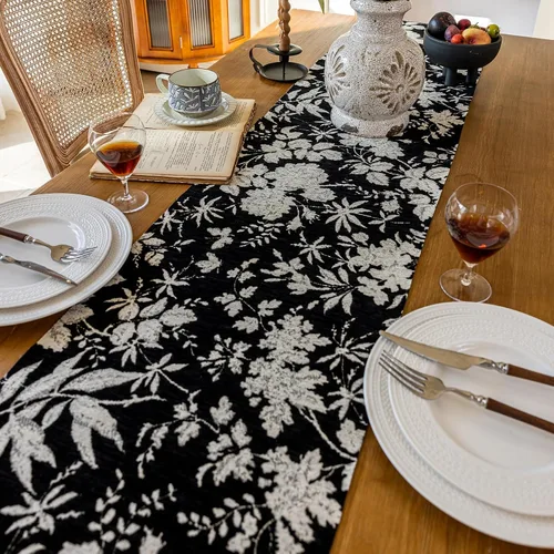 Vista 3 de Camino de mesa botánico floral para sala de estar, camino de mesa de comedor de flores jacquard con borlas, moderno, decorativo, elegante, natural