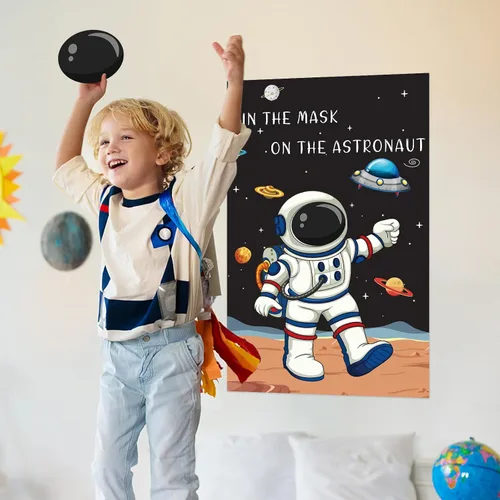 Vista 8 de Hooqict Pin The Mask on The Astronaut Space Party Games for Kids Juego de cumpleaños Astronauta Sistema Solar Decoración de fiesta temática