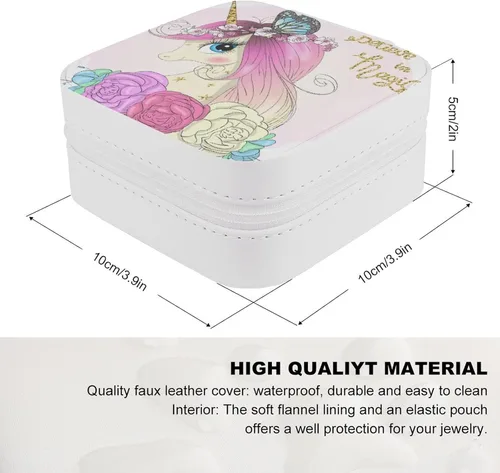 Vista 2 de Mini joyero de viaje de cuero para joyas, organizador de anillos, caja de regalo para niñas y mujeres, diseño de unicornio de flores