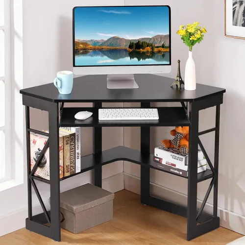 Vista 9 de VECELO - Escritorio de esquina para computadora, mesa de escritura con bandeja para teclado suave y estantes de almacenamiento, mesa triangular