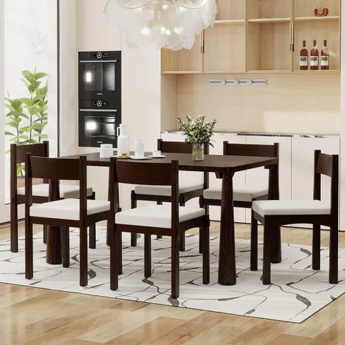 Vista 10 de Juego de comedor retro de 6 piezas, mesa rectangular de madera y 4 sillas con banco para cocina y comedor, color gris cola de milano Cola de milano