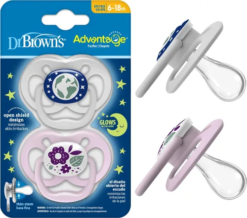 Vista 15 de Dr. Brown's Advantage Glow-in-the-Dark Baby Pacifier, Fully Symmetrical Soother with Soft Silicone Bulb, Blue Nature, 6-18m, BPA Free, 2 Pack