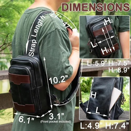 Vista 4 de Bolso bandolera de cuero genuino para hombres y mujeres, bolso cruzado para el hombro, mochila lateral, bolso de pecho, bolso cruzado casual