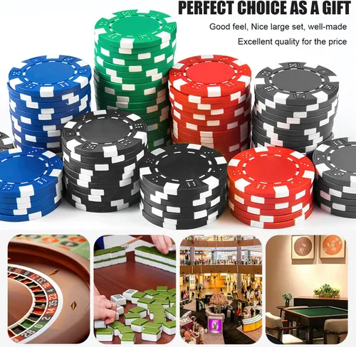 Vista 6 de 100 fichas de póquer de casino de 5 colores, juego de fichas de casino, fichas de casino de 0.41 oz para juegos de cartas de casino Texas Holdem