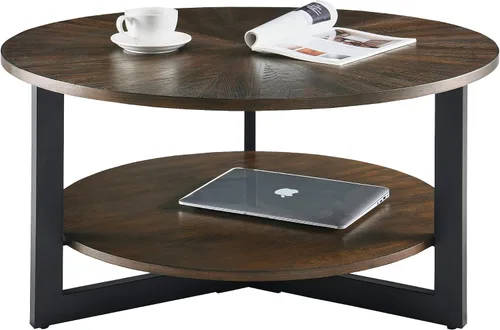 Vista 8 de LEEMTORIG KFZ-1338 Mesa de centro redonda de madera de 33.5 pulgadas, mesa de centro redonda de 2 niveles con almacenamiento para sala de estar