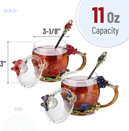 Vista 3 de BTaT- Juego de tazas de té de vidrio floral con tapas y cuchara, paquete de 2, 11 onzas, azul y rojo, diseño de flores con caja de regalo, tazas