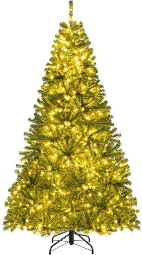 Vista 14 de Goplus - Árbol de Navidad artificial nevado de 4.5 pies, con nieve, flocado, con bisagras, preiluminado con 200 luces LED, 400 puntas de ramas