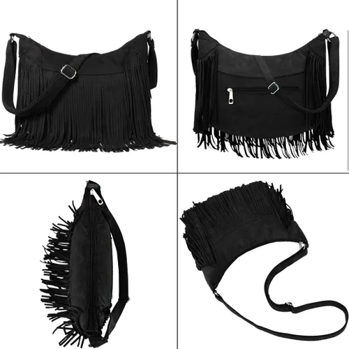 Vista 3 de Sunwel Fashion Bolso hobo con flecos para mujer, bolso de hombro estilo occidental, de ante vegano, con borlas, hippie, bandolera