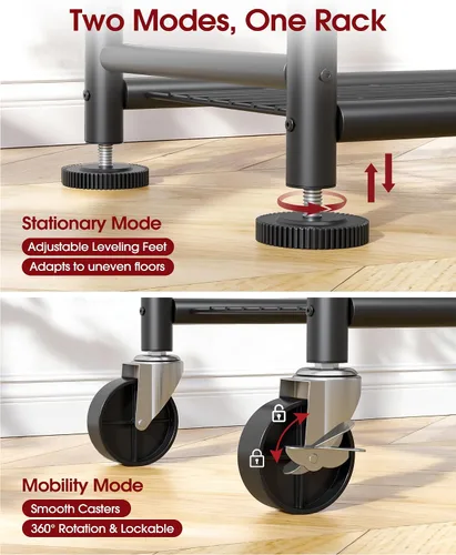 Vista 5 de Sakugi Perchero para ropa – Perchero doble para colgar ropa con ruedas y pies niveladores, armario de gran capacidad con estantes para dormitorio