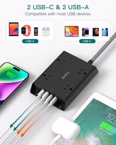 Vista 5 de Protección contra sobretensiones Addtam, cable de extensión de enchufe plano de 5 pies con 4 cargadores de pared USB (2 puertos USB C), 4 tomas