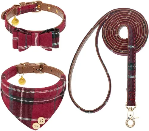 Vista 30 de EXPAWLORER Juego de collar y correa para cachorros, collar clásico a cuadros para perros pequeños con corbatín, bonito juego de collar y correa