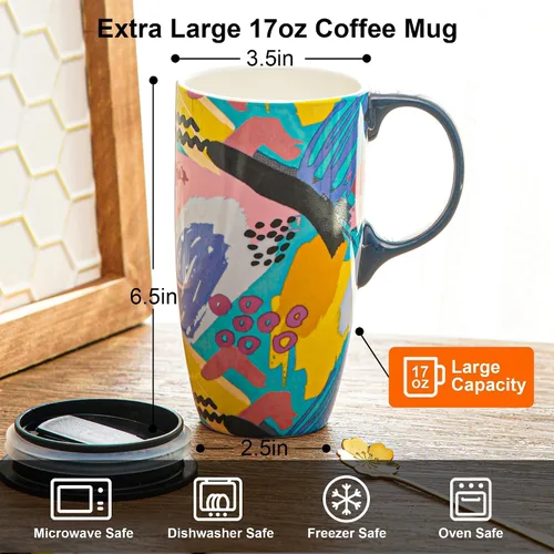 Vista 7 de Topadorn Tazas de cerámica de porcelana, taza de café con tapa y asa, taza de café, taza de té de café con tapa y asa, taza de café, 17 oz. Abstracto