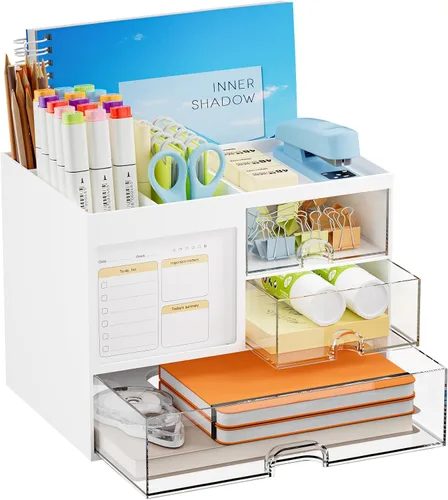 Vista 10 de Marbrasse Organizador de Escritorio con 3 Cajones, Soporte Multifuncional para Lápices y Bolígrafos para Escritorio, Organizador de Escritorio