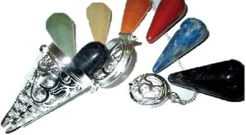 Vista 6 de Jet International Jaula Chakra Péndulo 2" Cono de Chakra Intercambiable Plata con Bolsa de Divinación Wicca SíNo Pagano (Om)