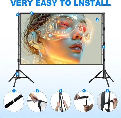 Vista 6 de Pantalla de proyector para exteriores con soporte, pantalla de proyector portátil de 120 pulgadas, soporte resistente, altura ajustable, pantalla