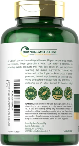 Vista 3 de Carlyle Cápsulas de fenogreco 300 unidades Extracto sin OMG y sin gluten Semillas de fenogreco