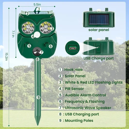 Vista 8 de Solar Ultrasonic Animal Repellent Outdoor, 4Pack Waterproof Deer Repellent Devices with RIP Motion Sensor, Cat Repellent with LED Flashing Lights