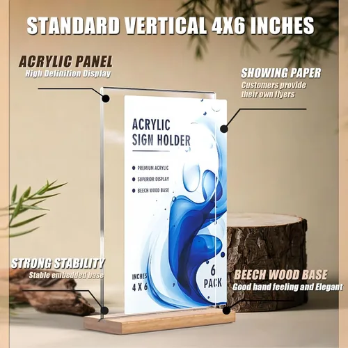 Vista 3 de Soporte acrílico de 4 x 6 pulgadas con base de madera de haya, soporte de exhibición de menú de doble cara, marco de código QR, letrero de mesa