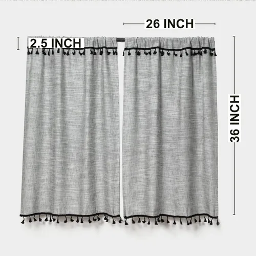 Vista 6 de Cortinas de cocina con borlas boho de 36 pulgadas de largo, modernas, de granja, de algodón y lino, cortinas cortas de cafetería para baño, ventana