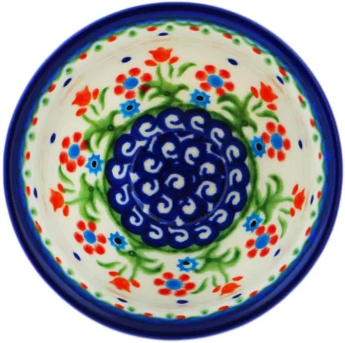 Vista 2 de Auténtico cuenco de cerámica polaca de 4 pulgadas con diseño de flores de primavera, hecho a mano en Bolesławiec Polonia por Ceramika Bona +