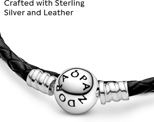Vista 3 de PANDORA Jewelry Black Leather Charm Sterling Silver Bracelet