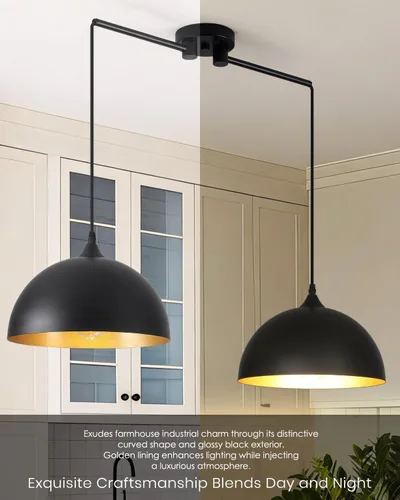 Vista 7 de Luces colgantes negras para isla de cocina, 2 luces, lámpara colgante de cúpula negra, iluminación de isla de cocina, lámpara de comedor, luces