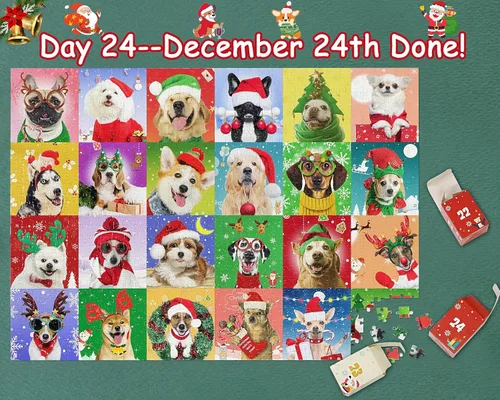 Vista 3 de Calendario de Adviento 2025 rompecabezas de perros de Navidad, 24 cajas de 1008 piezas, rompecabezas de cuenta regresiva para Navidad, regalos