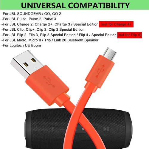 Vista 6 de Flip 4 - Cable de carga de repuesto micro USB, cable plano para JBL T500BT JBL Flip4 Flip3 Clip3 Charge 2+ Charge 3 Pulse 3 Altavoz Bluetooth