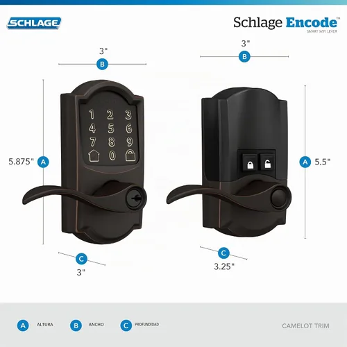 Vista 3 de Schlage Encode Smart WiFi Lock, manija de palanca, borde Camelot, bronce