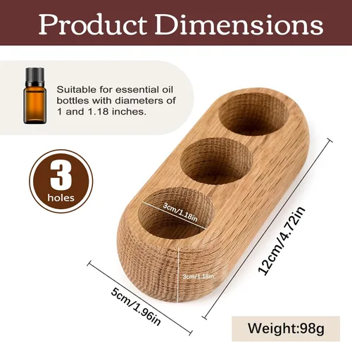 Vista 3 de RoseFlower Soporte organizador de madera para exhibición de aceites esenciales – 3 ranuras de madera de roble rojo – Capacidad para hasta 3 botellas