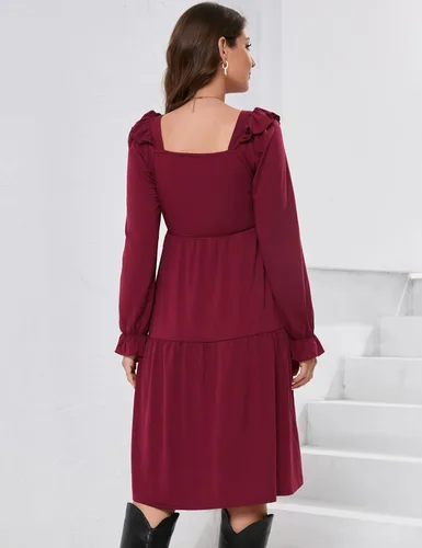Vista 6 de KOJOOIN Vestido de maternidad para mujer, sin mangas, cuello cuadrado, volantes, casual, bohemio, vestido midi para baby shower, sesión de fotos