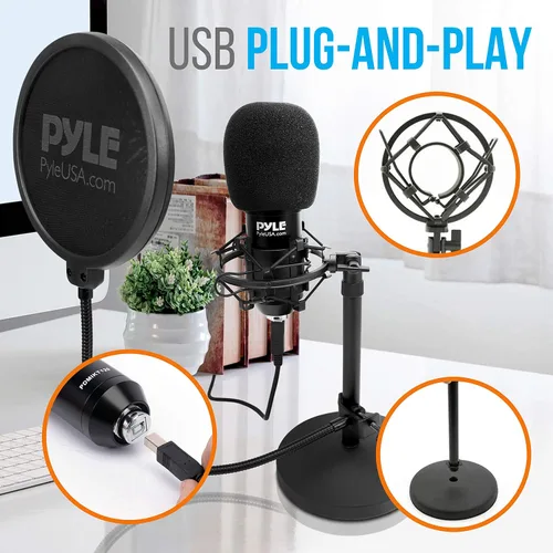 Vista 5 de Pyle Usa - Kit de grabación de podcast de micrófono USB – Micrófono de condensador cardioide de audio con soporte de escritorio y filtro Pop