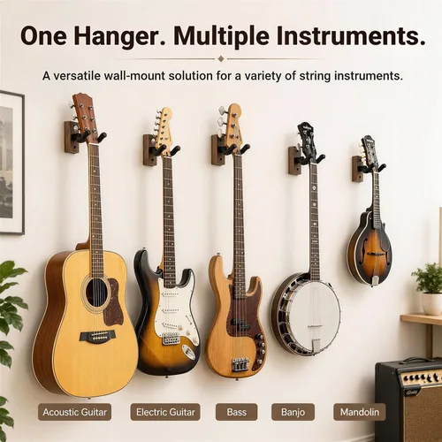 Vista 7 de Soporte de pared para guitarra, paquete de 3 con soporte para púas y 6 púas de celuloide, colgador de guitarra de madera de nogal en forma de U