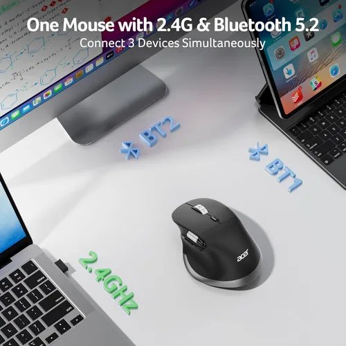 Vista 2 de Acer - Ratón ergonómico inalámbrico recargable con desplazamiento lateral (BT5.2+2.4GHz), ratón Bluetooth para computadora portátil, 6 DPI