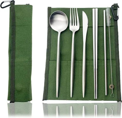 Vista 26 de JASHII Juego de cubiertos de viaje de acero inoxidable, tenedor, cuchara, cuchillo, pajilla, cubiertos reutilizables con estuche, juego de Rosa