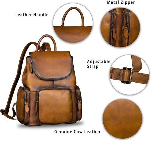 Vista 6 de Mochila de cuero para mujer Vintage hecho a mano casual mochila