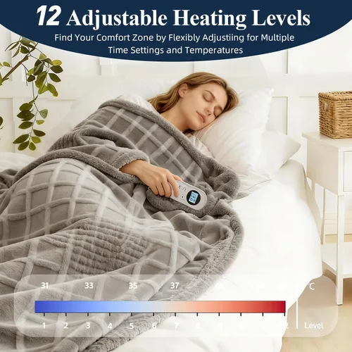 Vista 2 de Manta eléctrica térmica de 50 x 60 pulgadas, manta eléctrica de calentamiento rápido con 12 niveles de calor, manta con temporizador de 1-12H