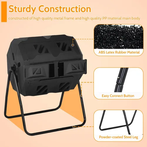 Vista 4 de Contenedor de compost, 43 galones de compostaje de cocina, contenedores de compostaje giratorios, puertas correderas de doble cámara para patio