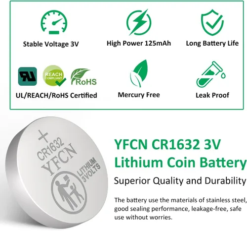 Vista 2 de YFCN CR1632 Batería de litio de 3 V, paquete de 5 baterías CR1632 para llavero de automóvil, control remoto sin llave, sensores - CR 1632