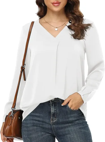 Vista 2 de Jouica Blusas para mujer, blusa casual de gasa, holgada, con cuello en V, manga larga