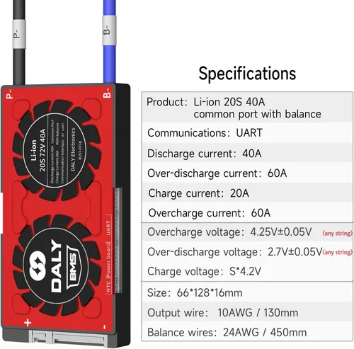 Vista 64 de DALY BMS 72V Li-ion 20S 30A Tablero de protección con cable de equilibrio de puerto común para panel solar autoconstruido, sistema de suministro