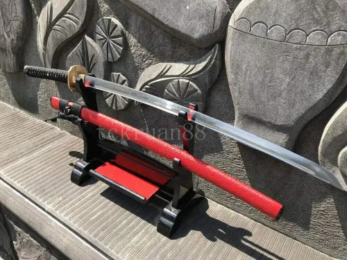 Vista 2 de YL Espada a mano forjada T10 arcilla de acero templada espiga completa japonesa Katana Espada Latón Tsuba