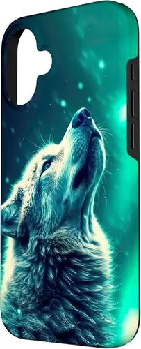 Vista 2 de Howling Wolf in Night Green Northern Lights Wolves Dog Lover Case for iPhone 16